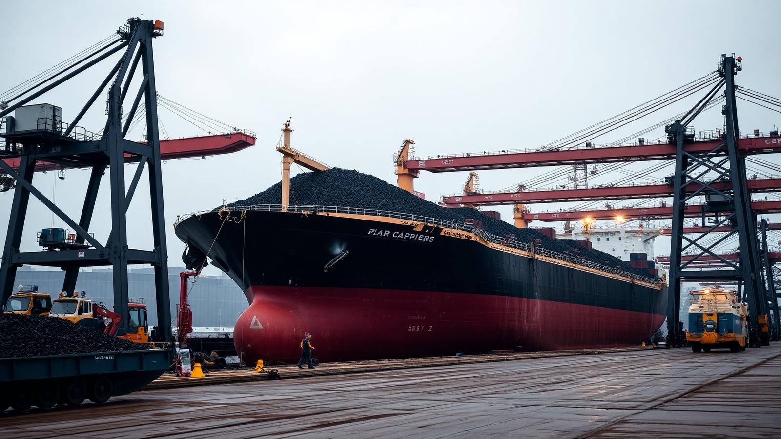 Capesize bulk carrier loading iron ore beneath shiploaders at a dry bulk terminal
