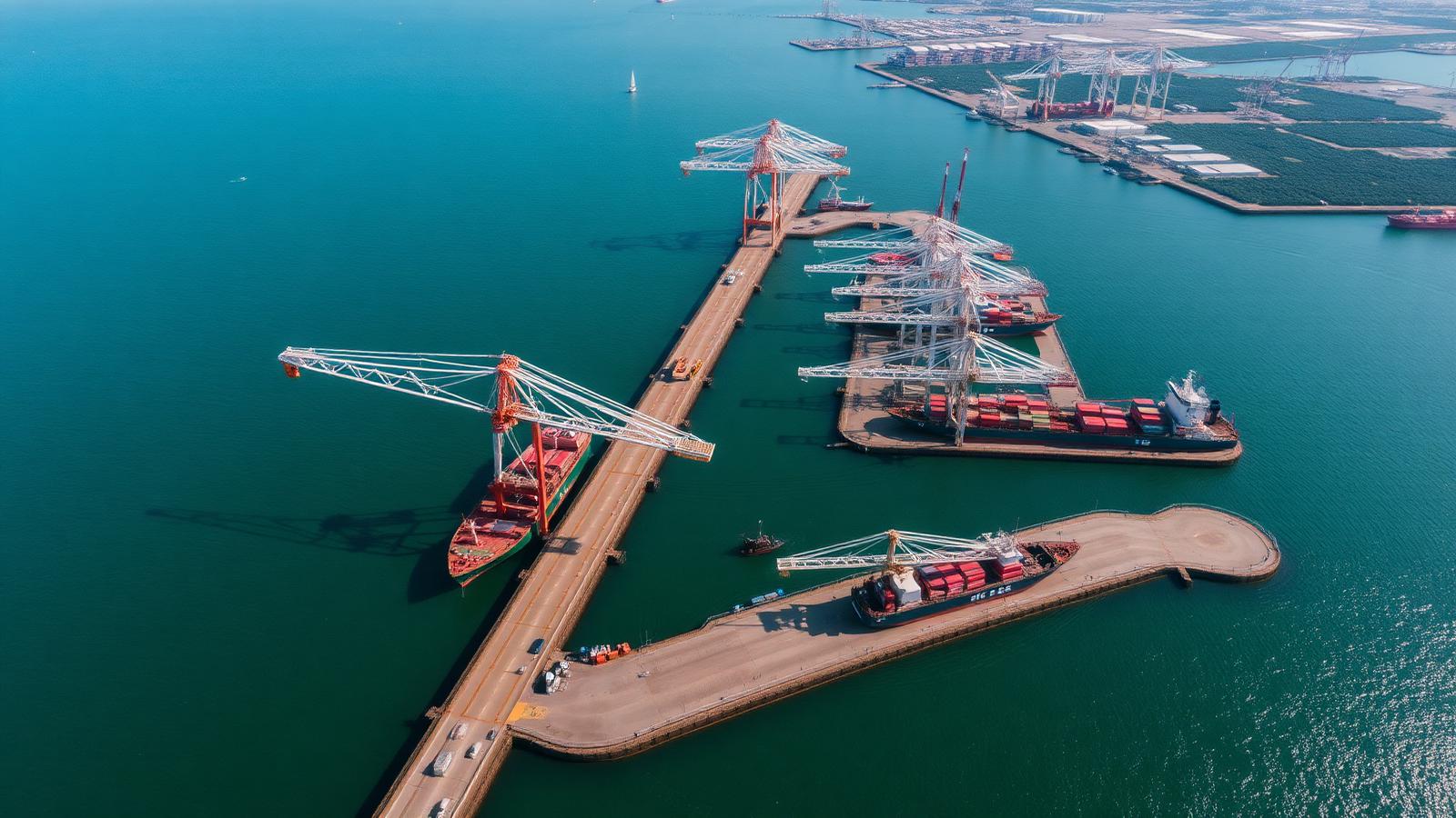 Aerial view of a port with quay cranes and vessels alongside